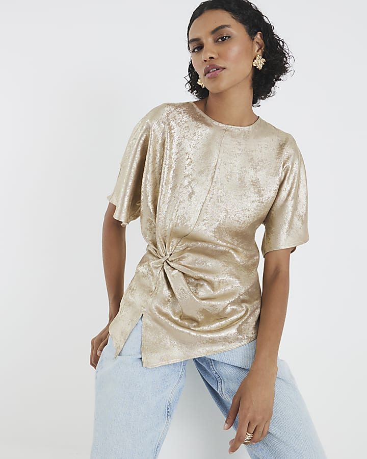 Gold Short Sleeve Knot Front Top