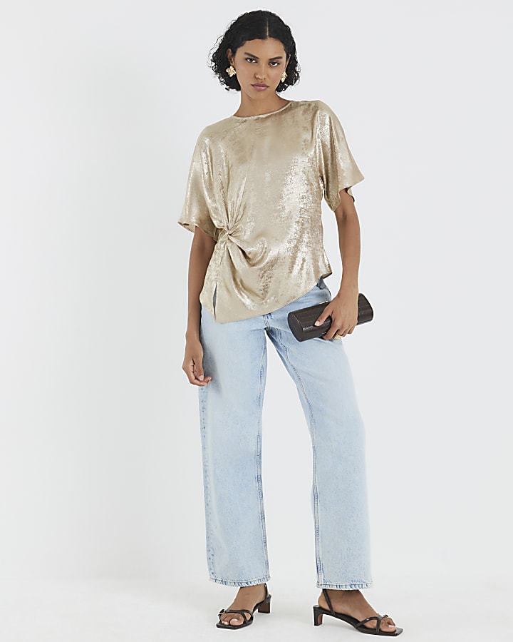 Gold Short Sleeve Knot Front Top