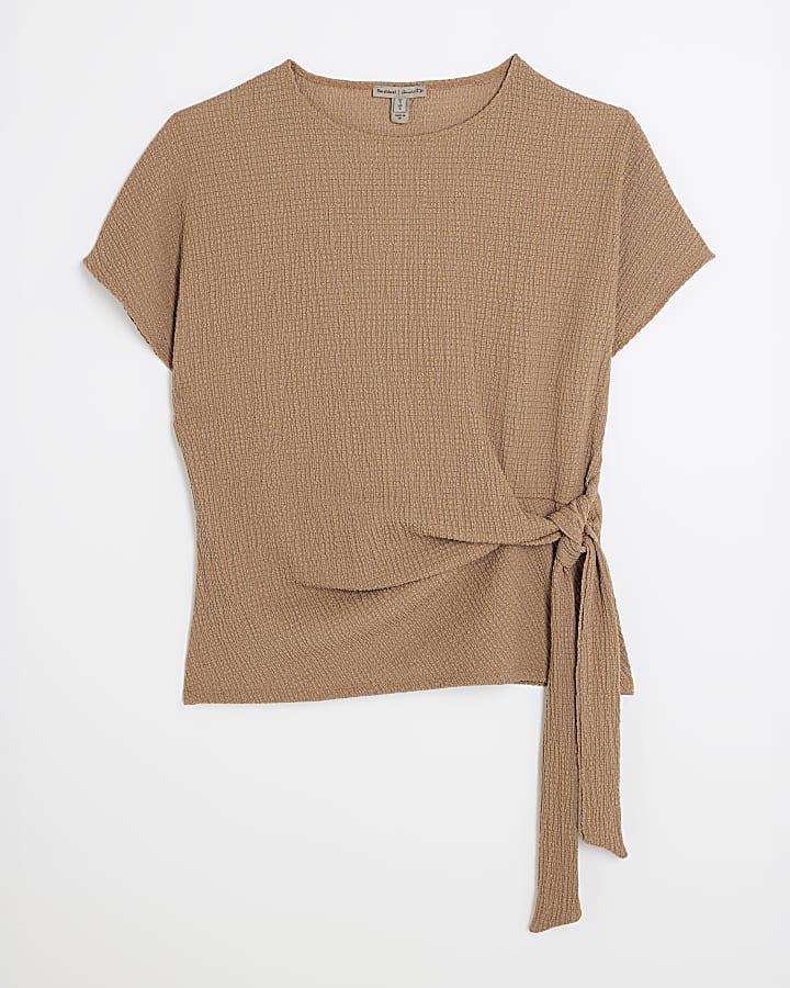 Beige Short Sleeve Textured Tie Waist T-Shirt