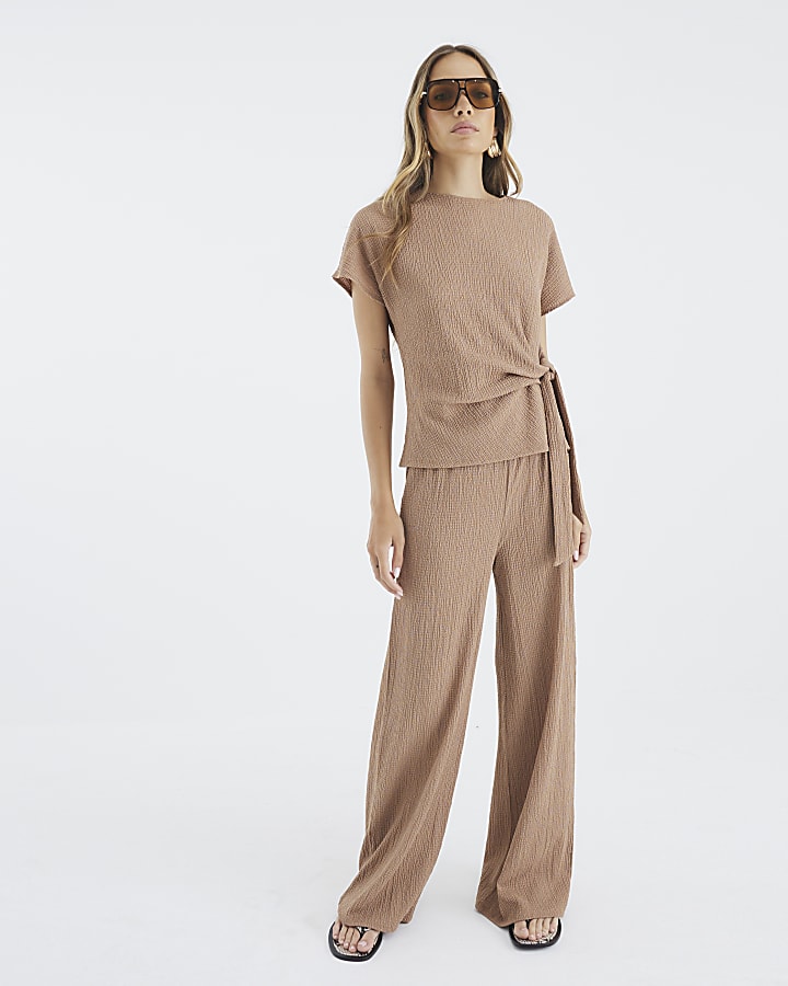 Beige Short Sleeve Textured Tie Waist T-Shirt