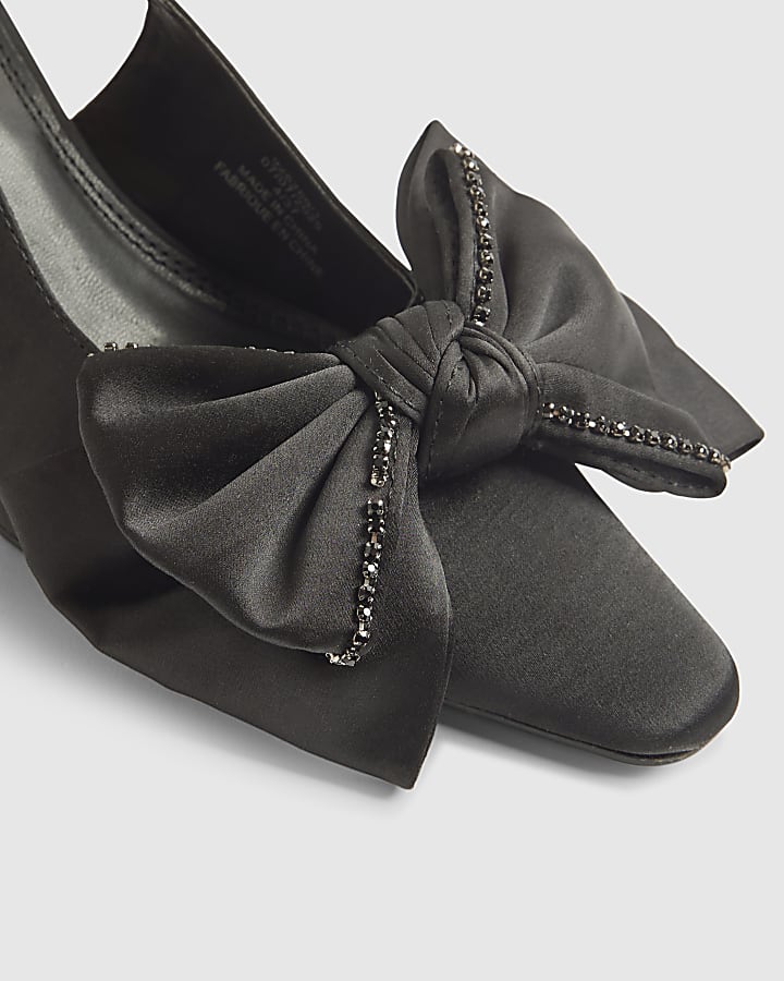 Black Satin Embellished Bow Slingback Heels