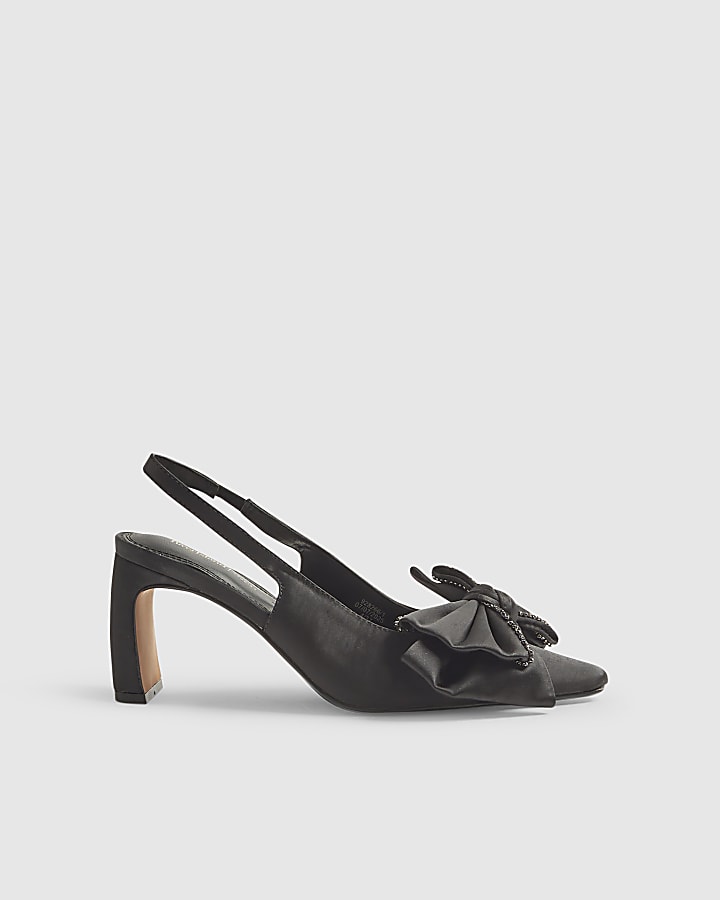 Black Satin Embellished Bow Slingback Heels
