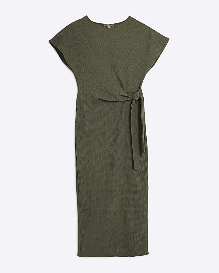 Khaki Short Sleeve Textured Midi Dress