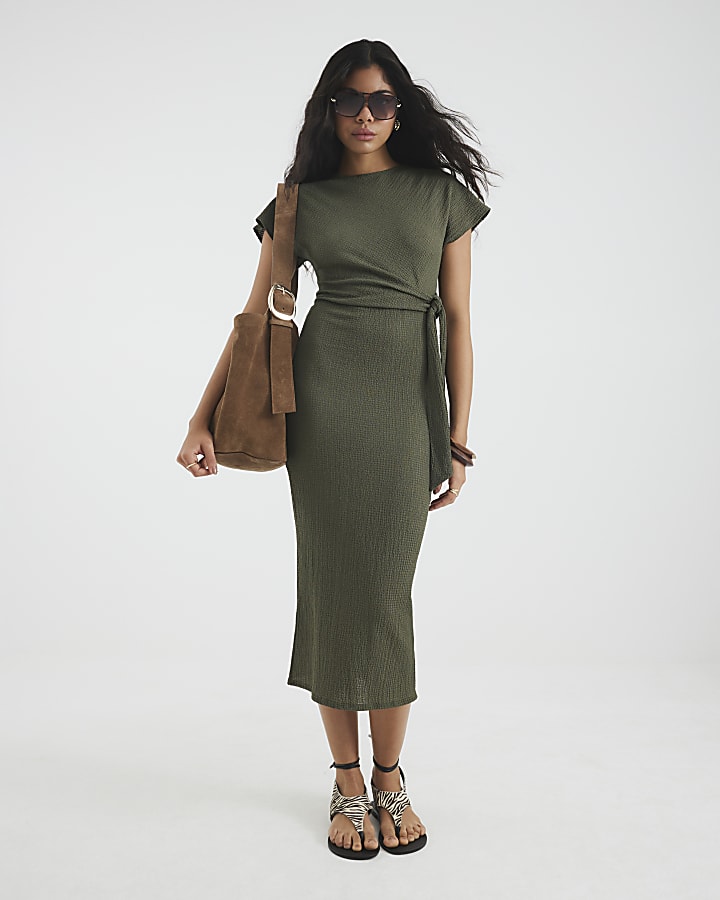 Khaki Short Sleeve Textured Midi Dress