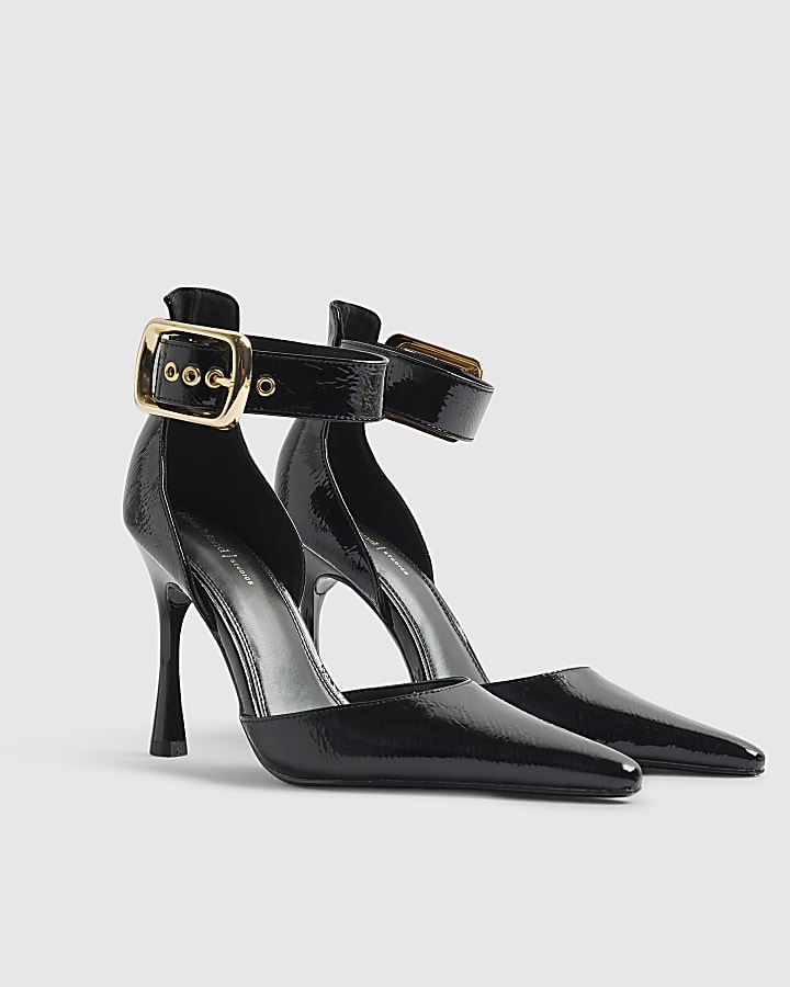 Black Buckle Ankle Strap Court Heels