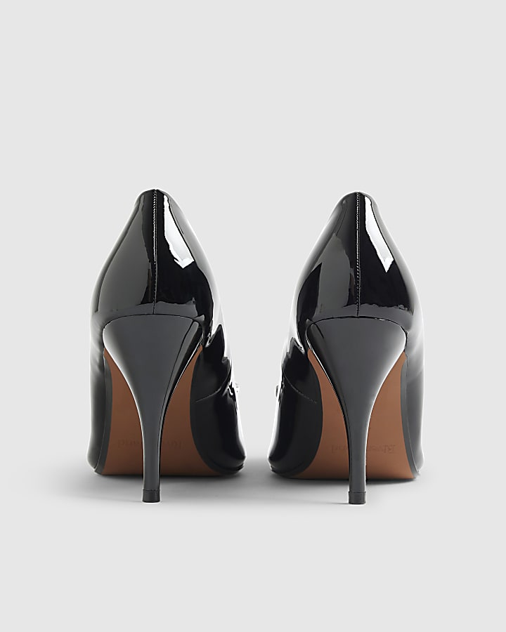 Black Patent Diamante Flower Court Heels