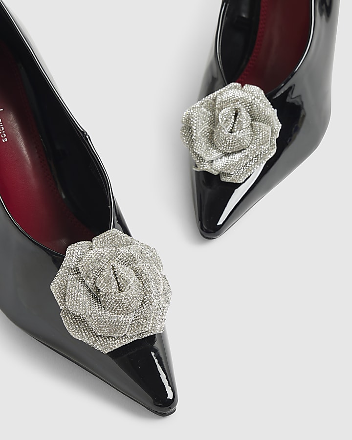 Black Patent Diamante Flower Court Heels