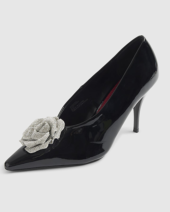 Black Patent Diamante Flower Court Heels