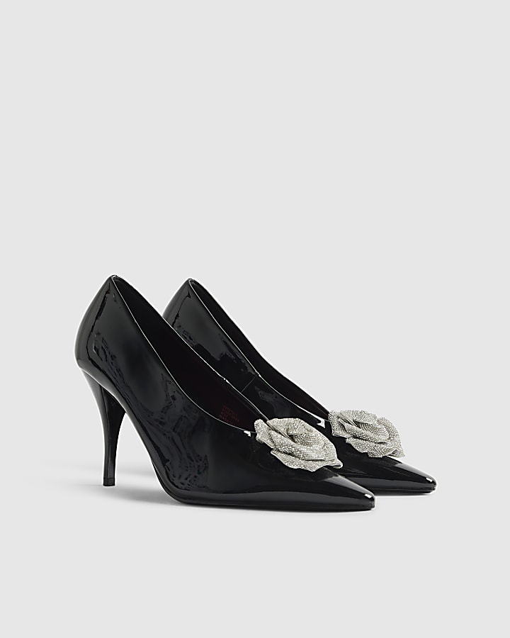 Black Patent Diamante Flower Court Heels