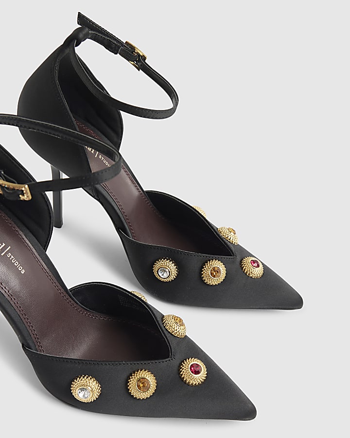 Black Jewel Heeled Court Shoes