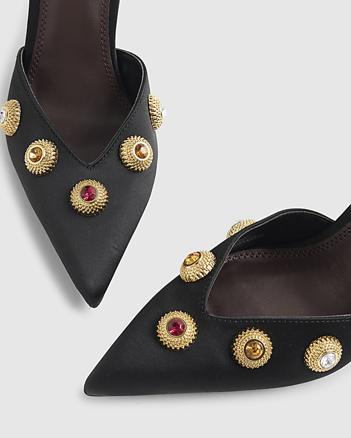 Black Jewel Heeled Court Shoes