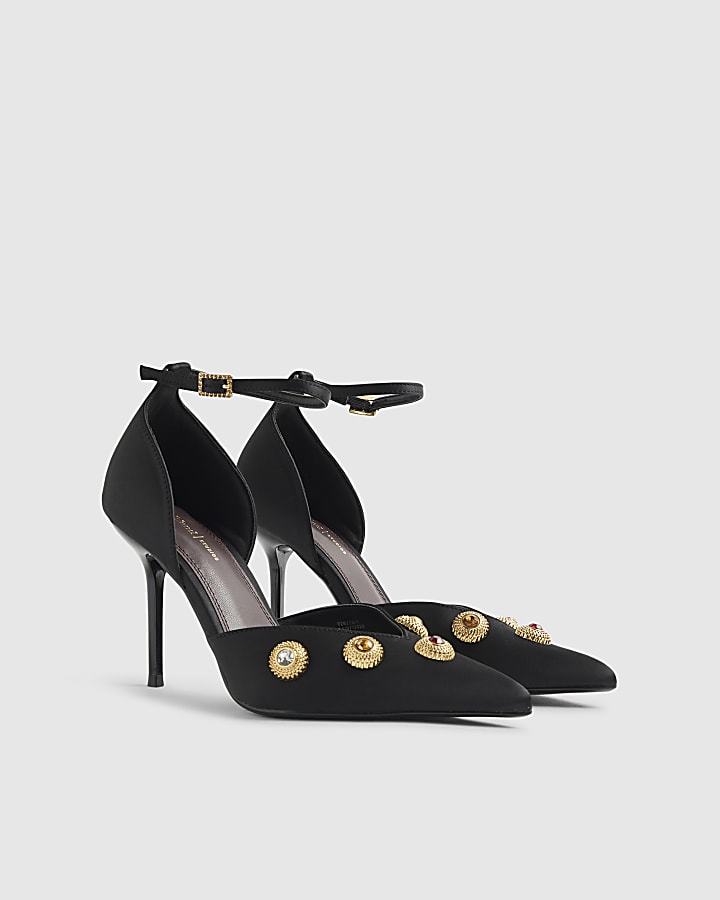 Black Jewel Heeled Court Shoes