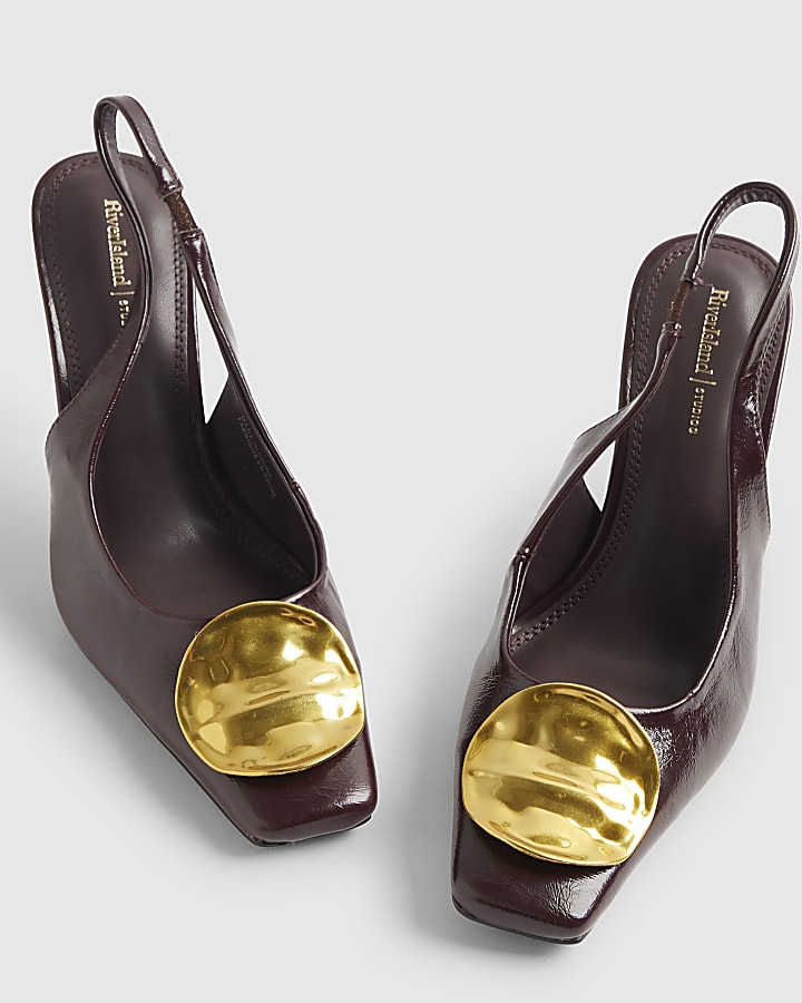 Red Chisel Toe Gold Disc Slingback Heels