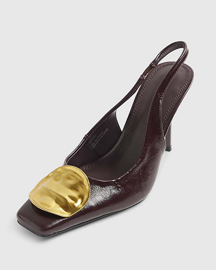 Red Chisel Toe Gold Disc Slingback Heels