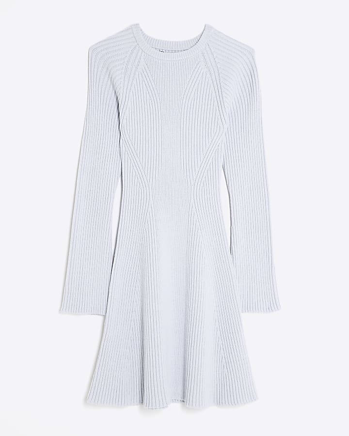 Blue Long Sleeve Knitted Mini Dress