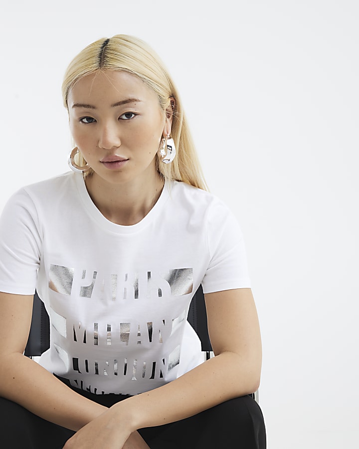 White Short Sleeve City Foil Text T-shirt
