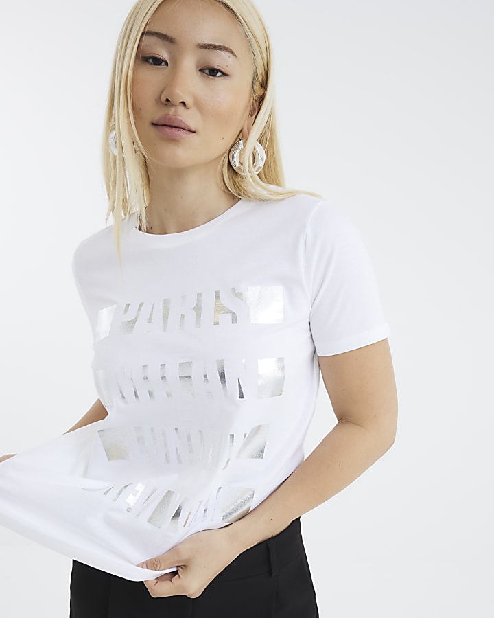 White Short Sleeve City Foil Text T-shirt