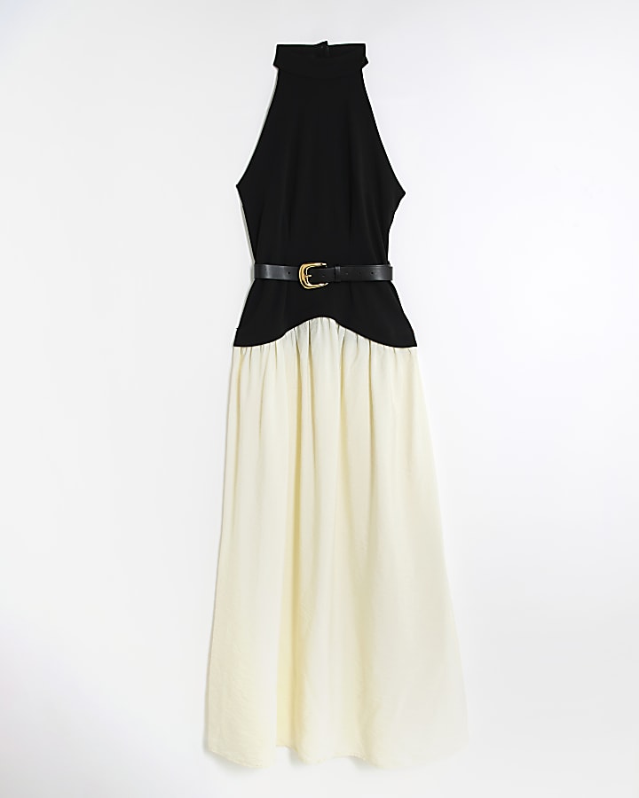 Black Sleeveless Belted Hybrid Midi Dress