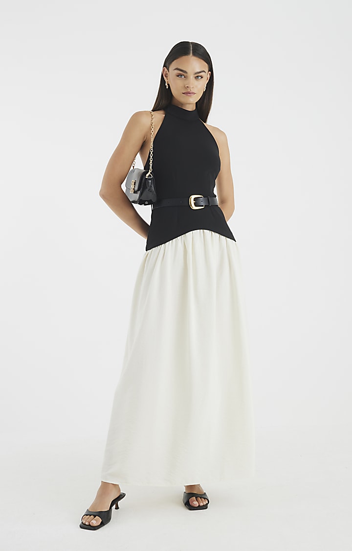 Black Sleeveless Belted Hybrid Midi Dress