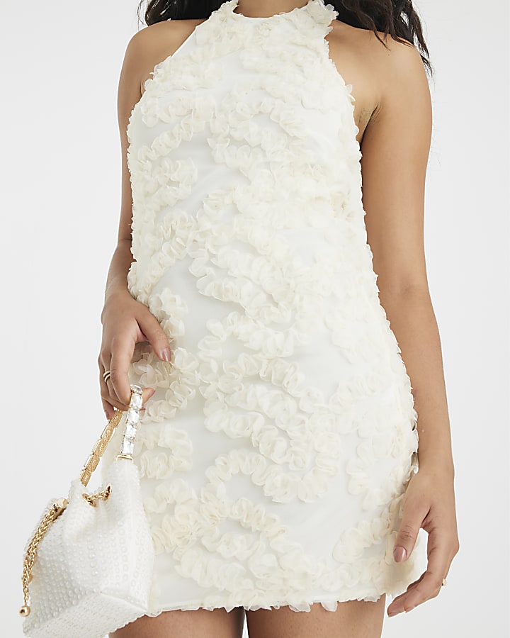 Cream Sleeveless 3D Floral Mini Dress