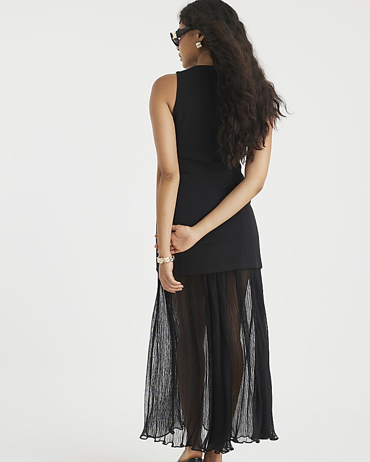 Black Plisse Sleeveless Waistcoat Maxi Dress