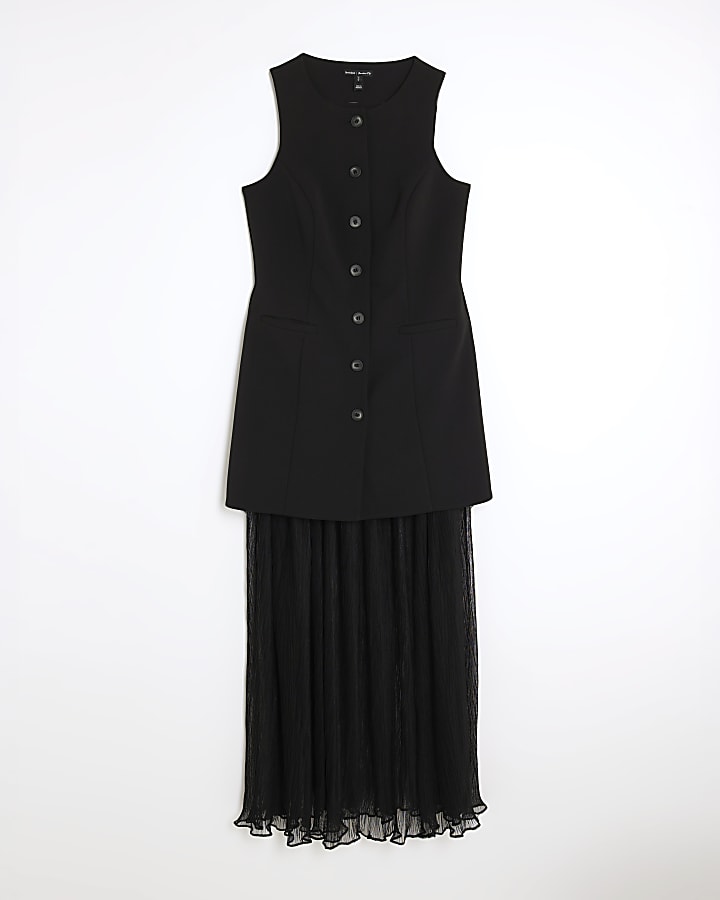 Black Plisse Sleeveless Waistcoat Maxi Dress