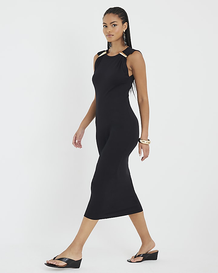 Black Sleeveless Gold Trim Midi Dress