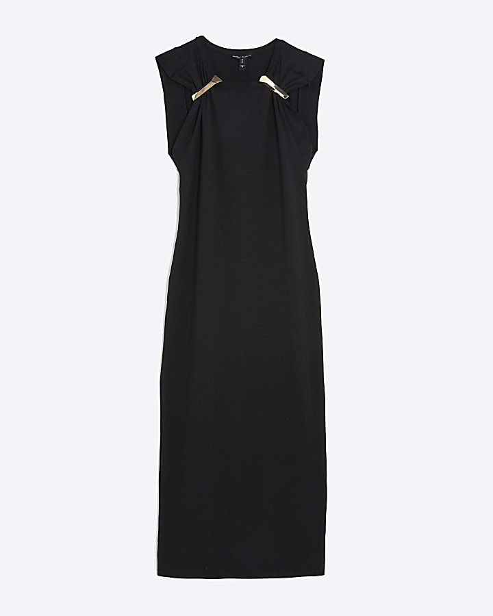 Black Sleeveless Gold Trim Midi Dress