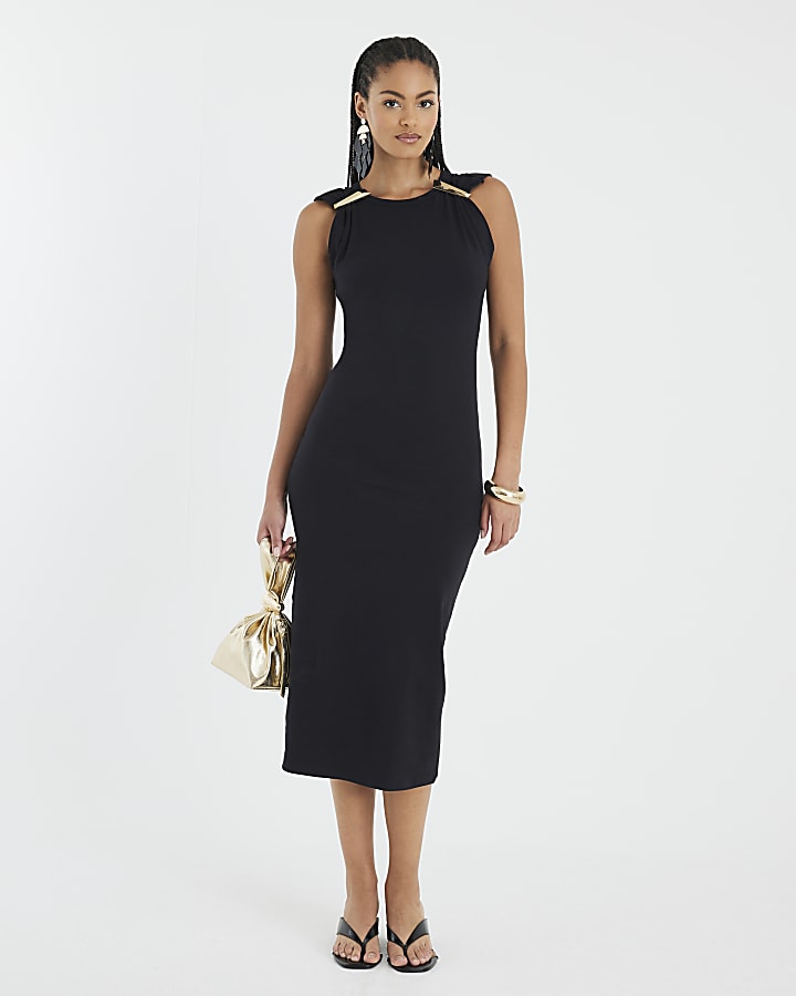 Black Sleeveless Gold Trim Midi Dress