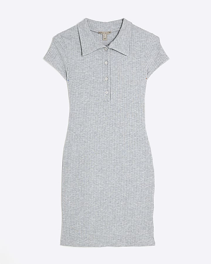 Grey Short Sleeve Button Polo Mini Dress