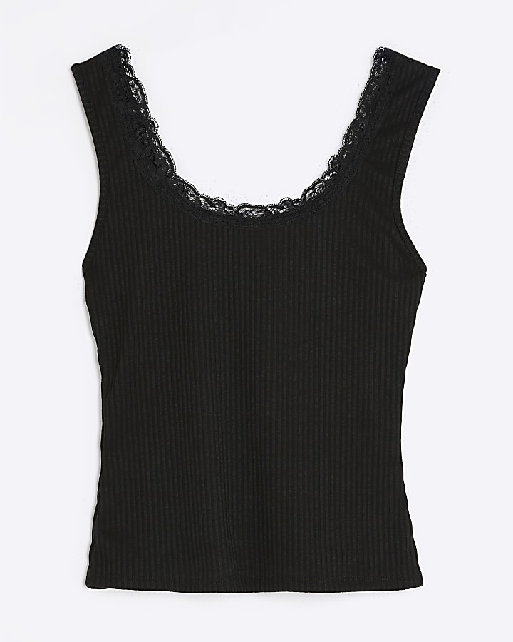 Black Sleeveless Lace Trim Cami Top