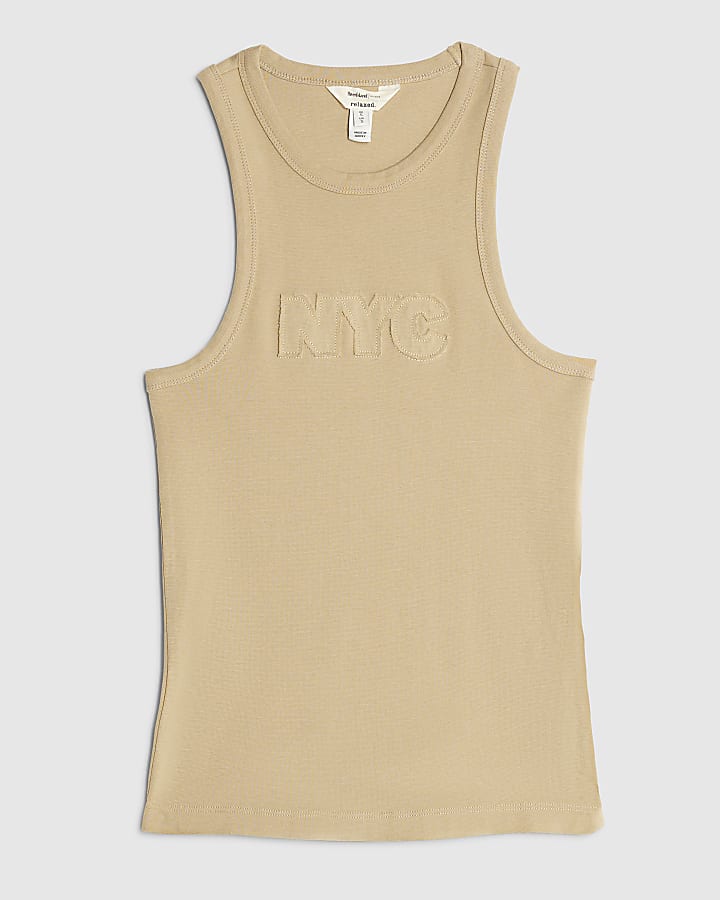 Beige NYC Applique Raw Edge Tank Top