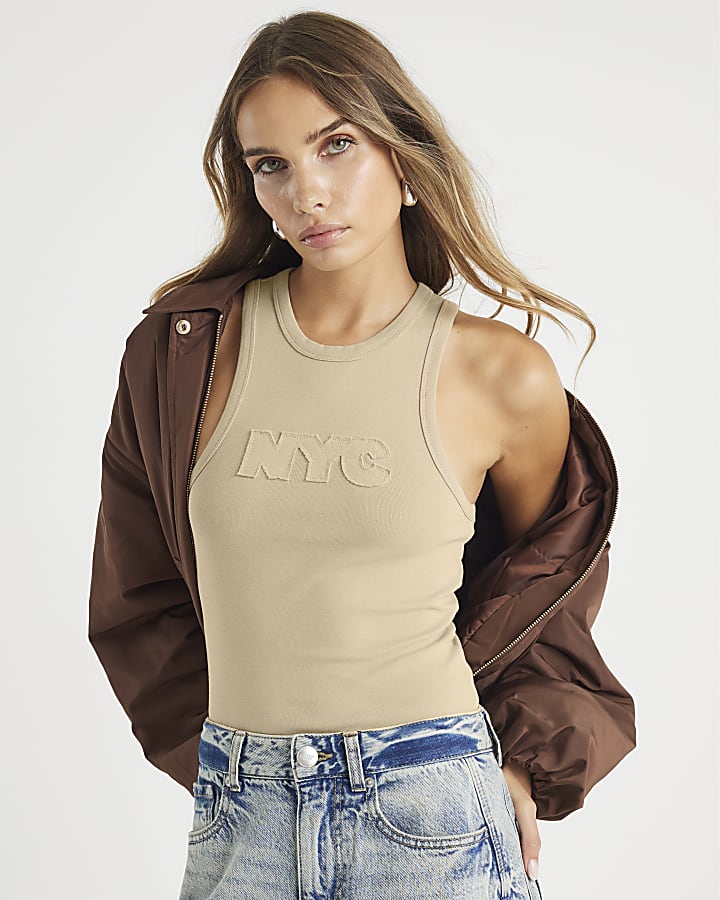 Beige NYC Applique Raw Edge Tank Top