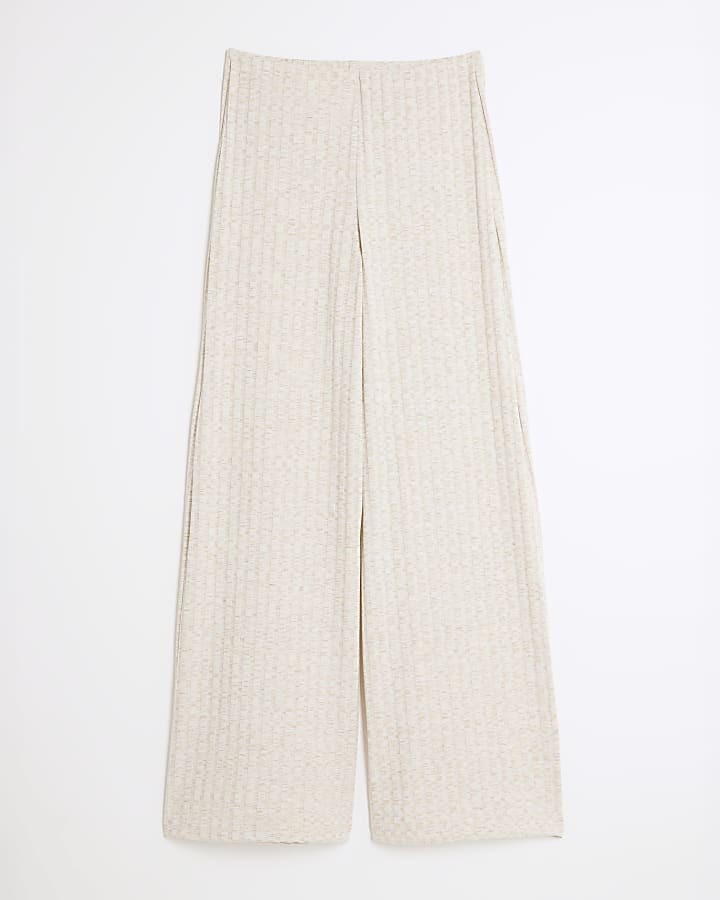 Cream Ribbed Wide Leg Trousers