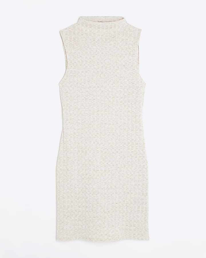 Cream Sleeveless High Neck Fitted Mini Dress