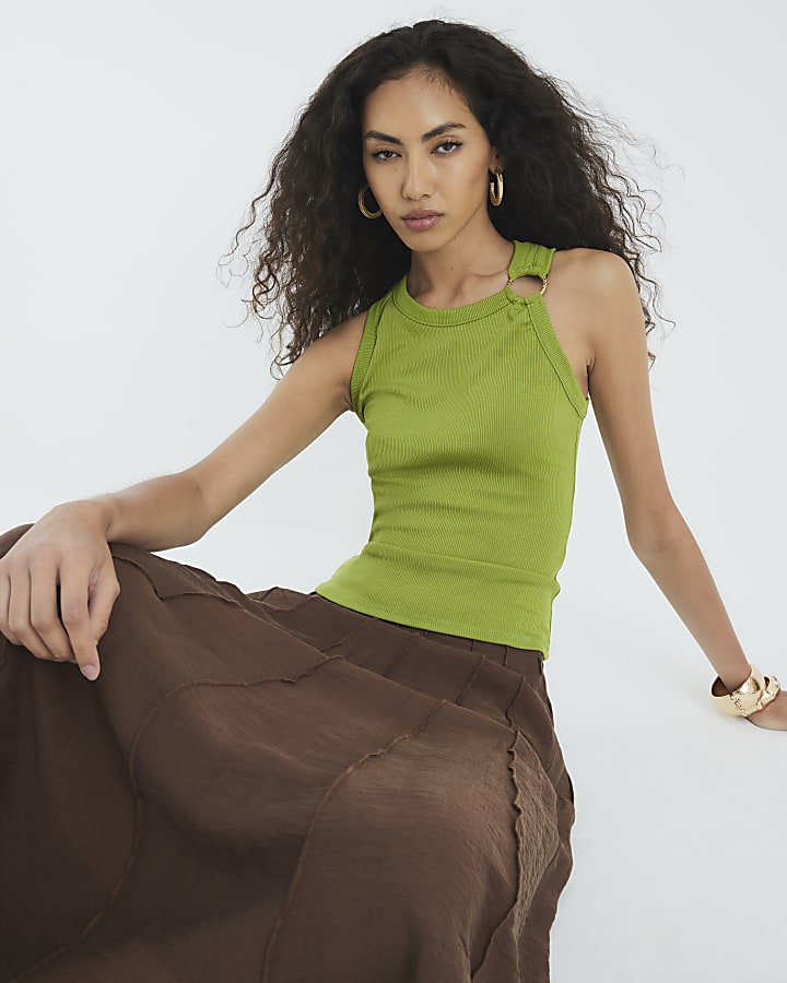 Lime Sleeveless Ring Detail Ribbed Tank Top