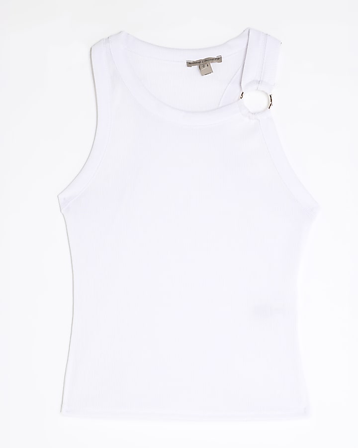 White Sleeveless Ring Detail Ribbed Tank Top