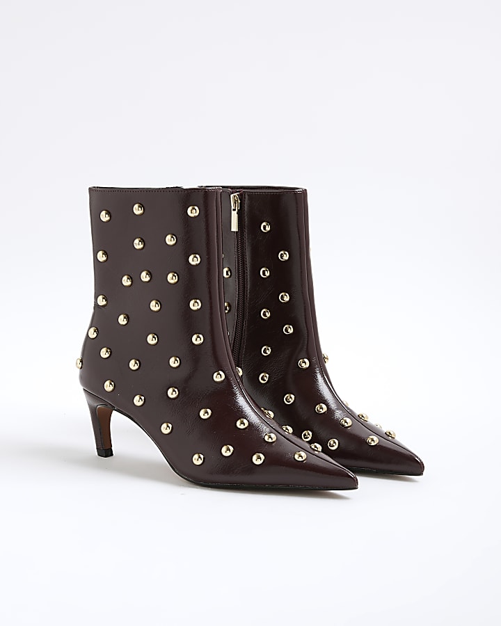 Red Studded Kitten Heel Boots