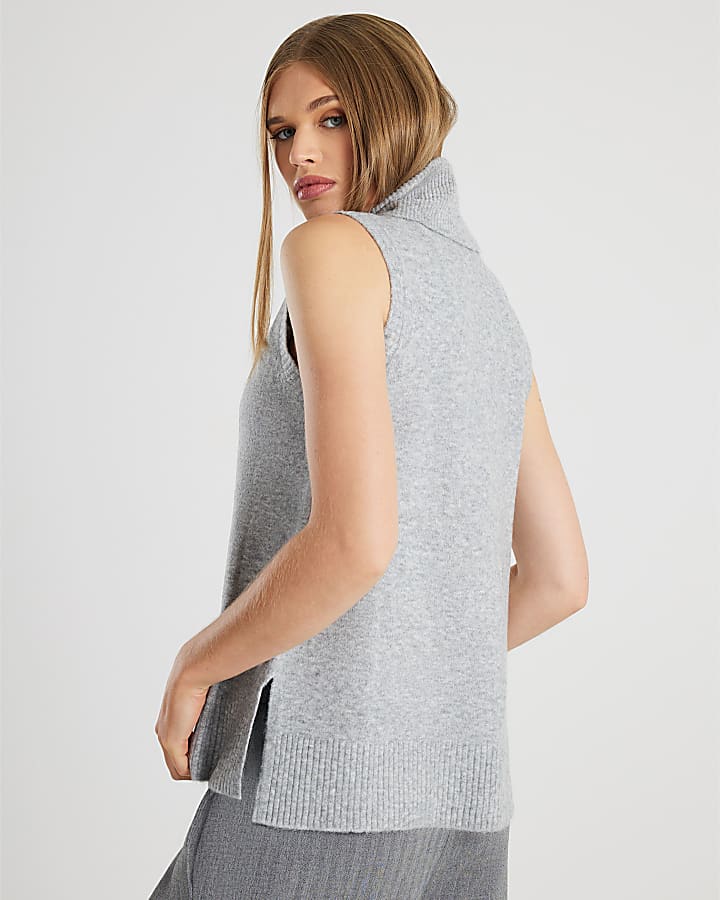 Grey Knitted Roll Neck Tank Top