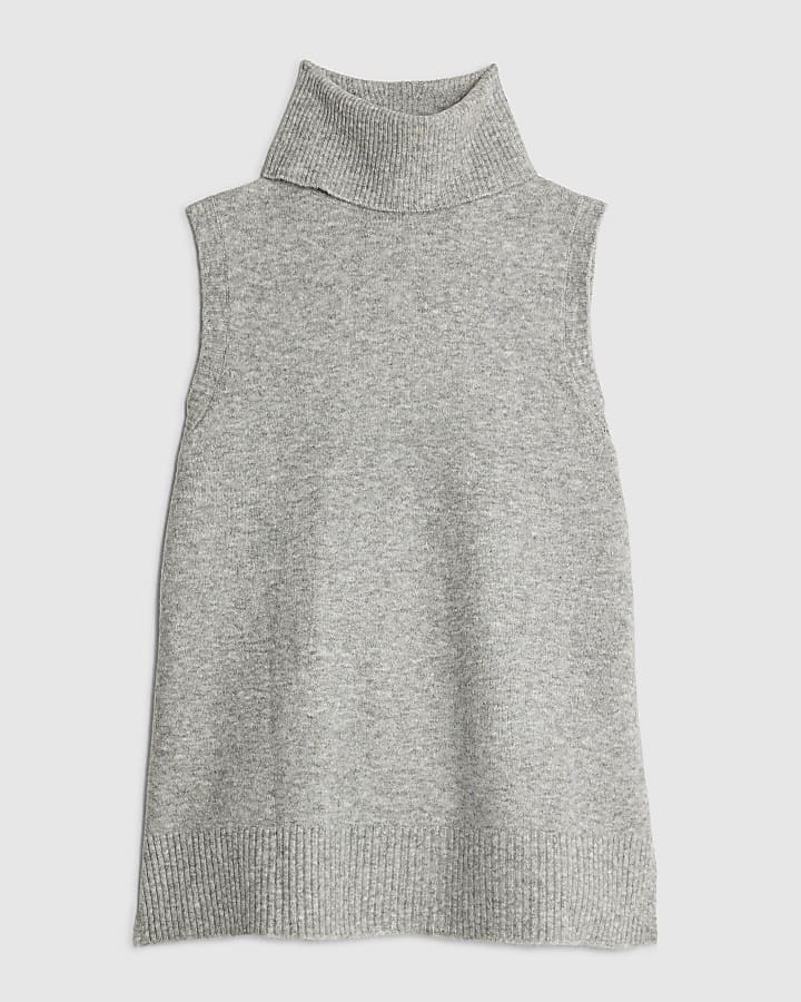 Grey Knitted Roll Neck Tank Top