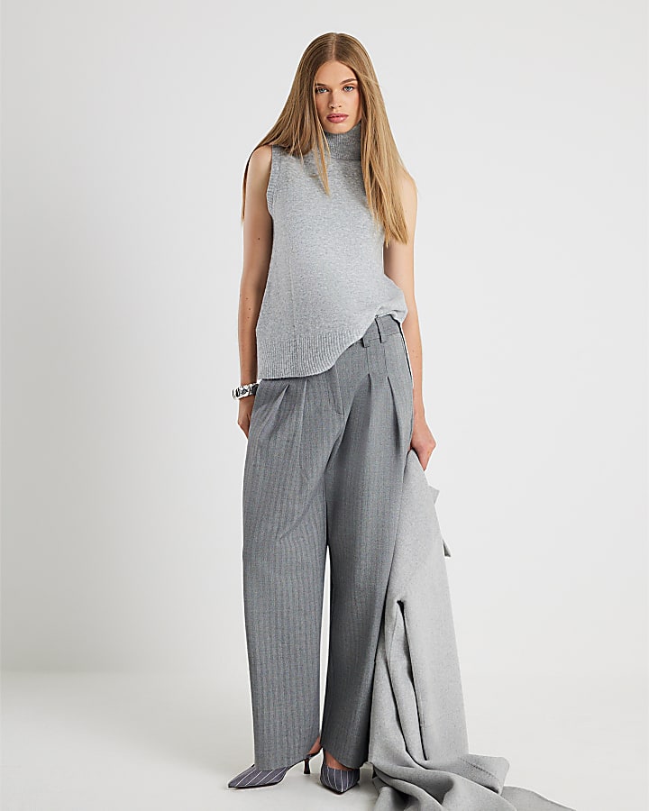 Grey Knitted Roll Neck Tank Top
