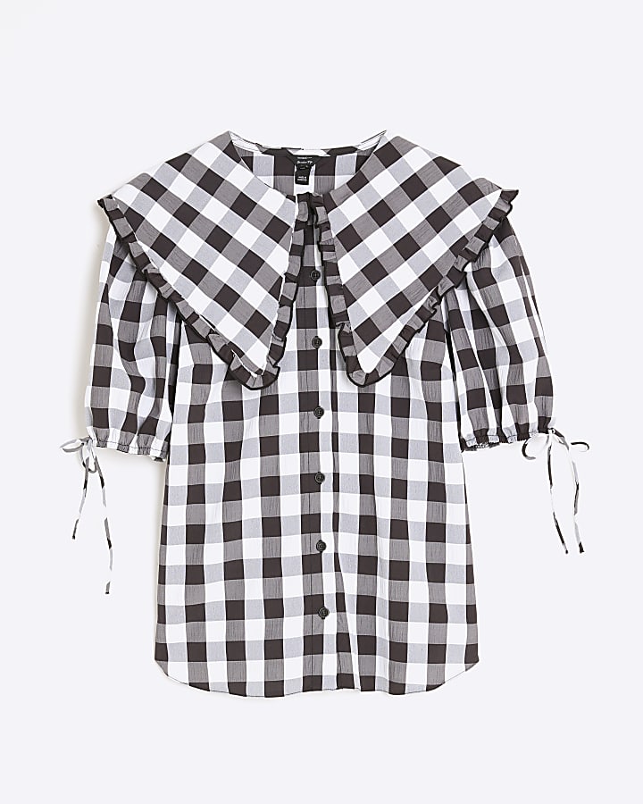 Black Gingham Short Sleeve Collared Shirt