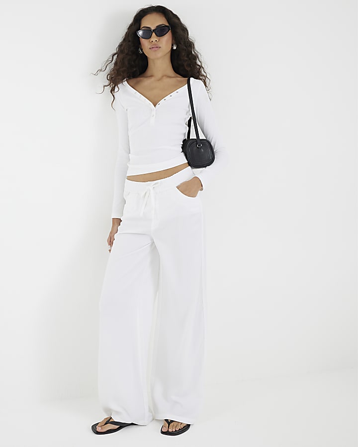 White Elasticated Pyjama Style Wide Leg Jeans