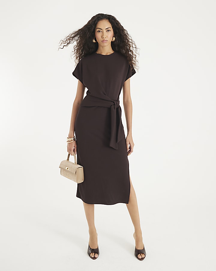Brown Premium Short Sleeve Knot Midi Dress