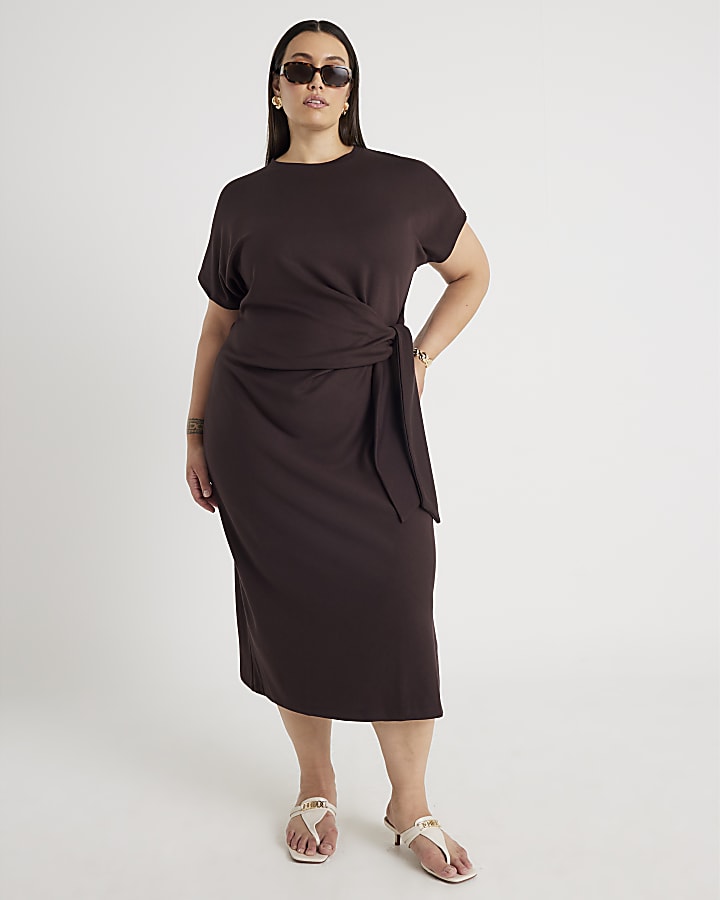Brown Premium Short Sleeve Knot Midi Dress