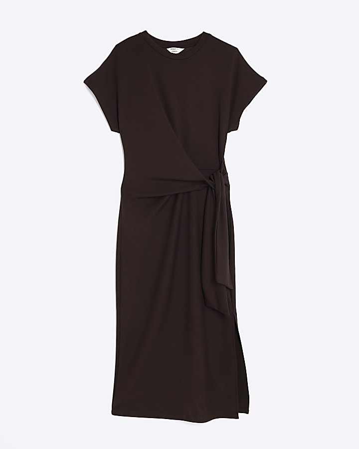 Brown Premium Short Sleeve Knot Midi Dress