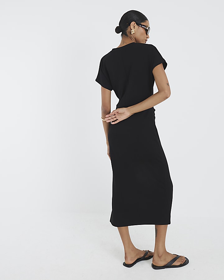 Black Premium Short Sleeve Knot Midi Dress