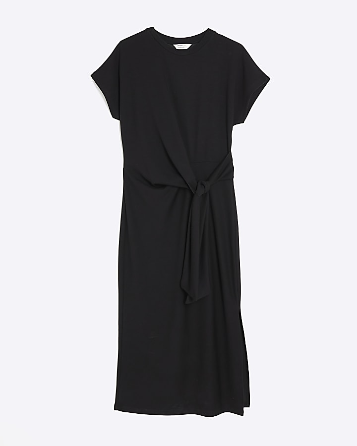 Black Premium Short Sleeve Knot Midi Dress