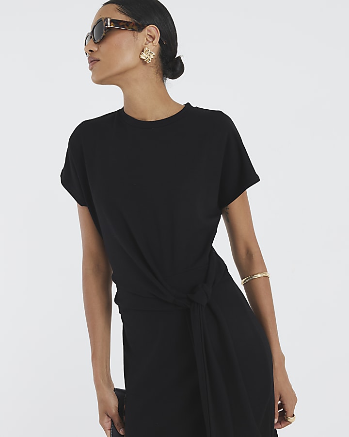 Black Premium Short Sleeve Knot Midi Dress
