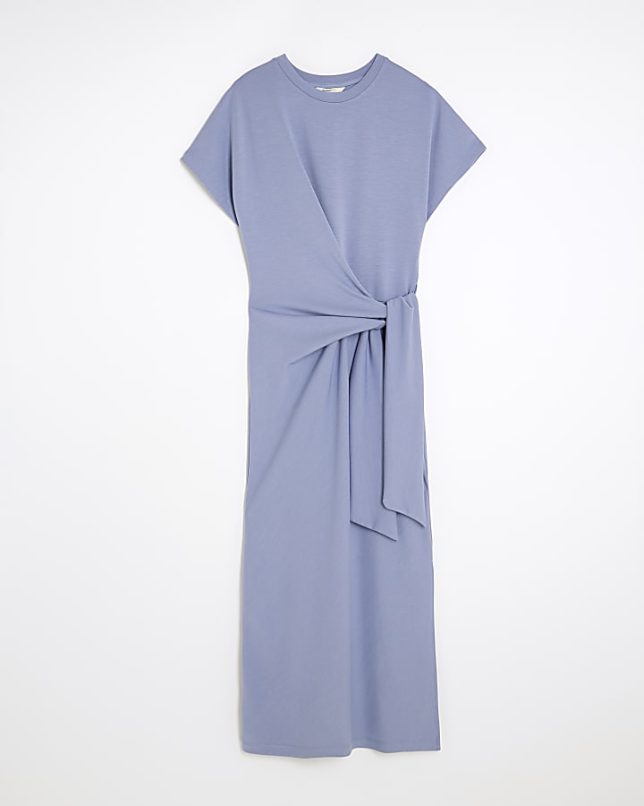 Blue Premium Short Sleeve Knot Midi Dress